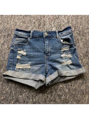 Distressed Denim Shorts Medium Wash High Rise Cuffed Size M
